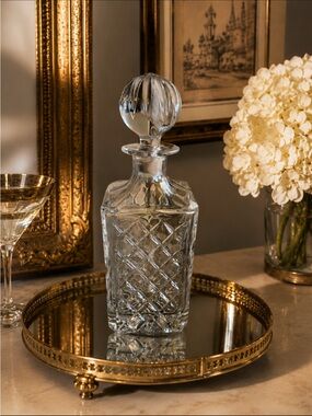 Vintage BLOCK Crystal Decanter Cut Glass Diamond Pattern ~Ball Stopper ~10”